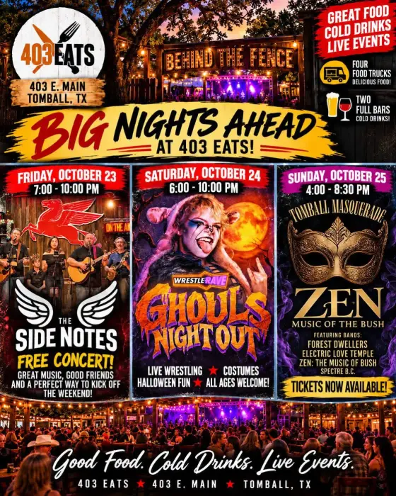 Flyer: Tomball Masquerade: Zen Music of the Bush — 403 Eats - Behind The Fence, Sun, Oct 25