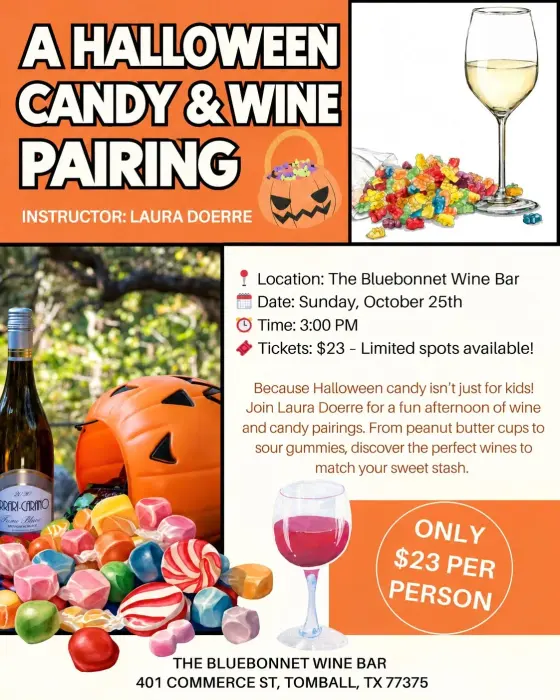 Flyer: Halloween Candy & Wine Pairing — The Bluebonnet Wine Bar, Fri, Oct 23