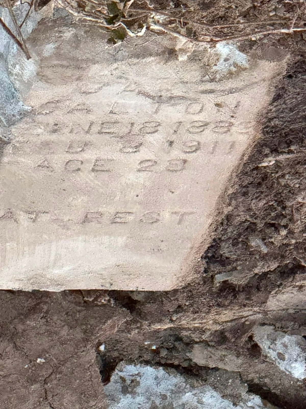 Close-up of a headstone reading a surname, June 12 1888, a 1911 death date, age 22, and At Rest