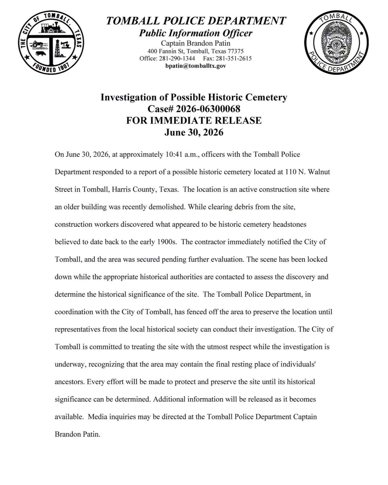 Tomball Police Department press release about the discovery