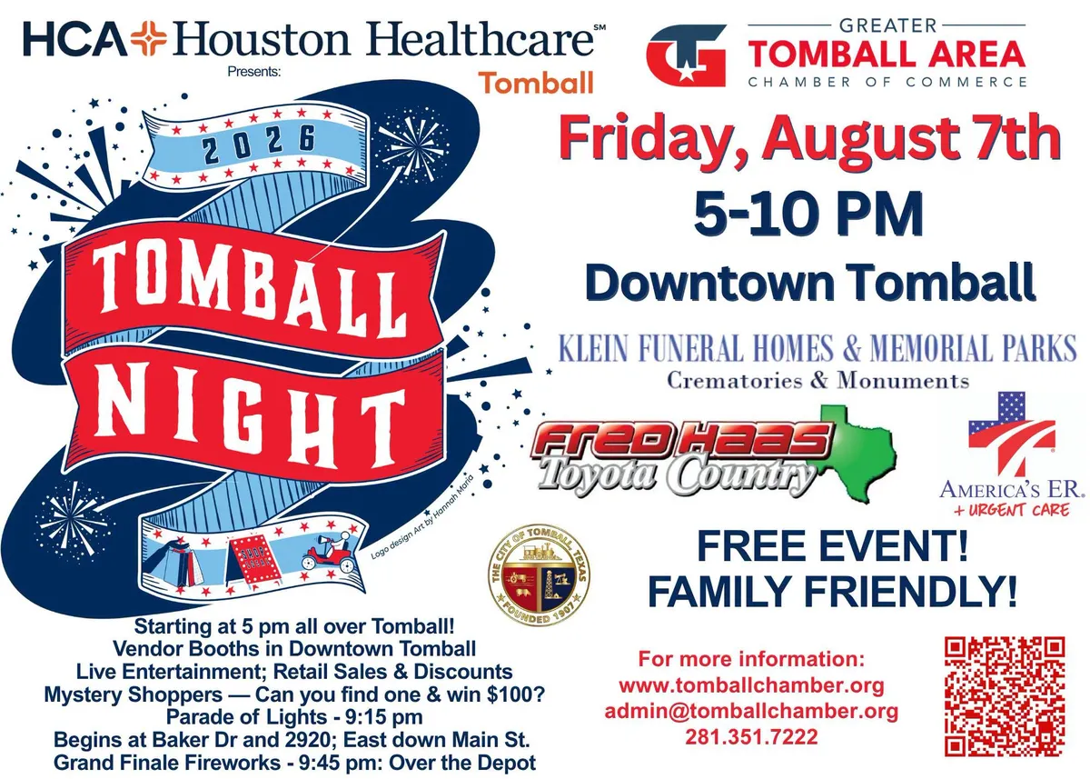 Tomball Night 2026 flyer — Friday, August 7th, 5–10 PM in downtown Tomball. Free event, family friendly. Vendor booths, live entertainment, retail sales and discounts, mystery shoppers, and the Parade of Lights at 9:15 PM.